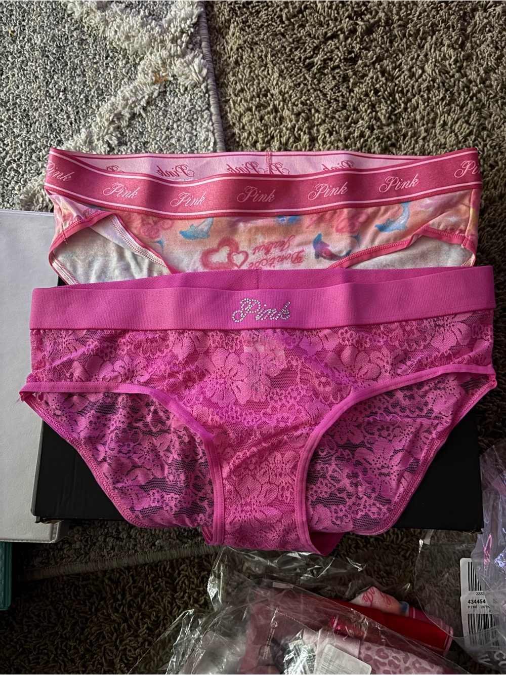 PINK Victoria's Secret Hot Pink Lace & Pink Printed Bikini Panty 2-Pack